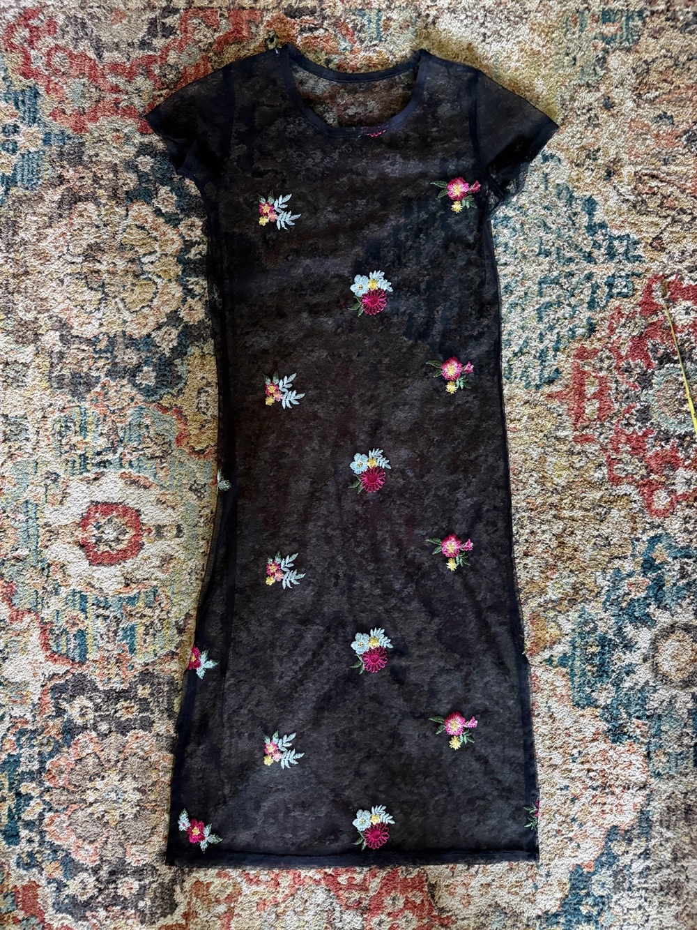 Black Sheer Lace Midi Dress with Floral Embroideries